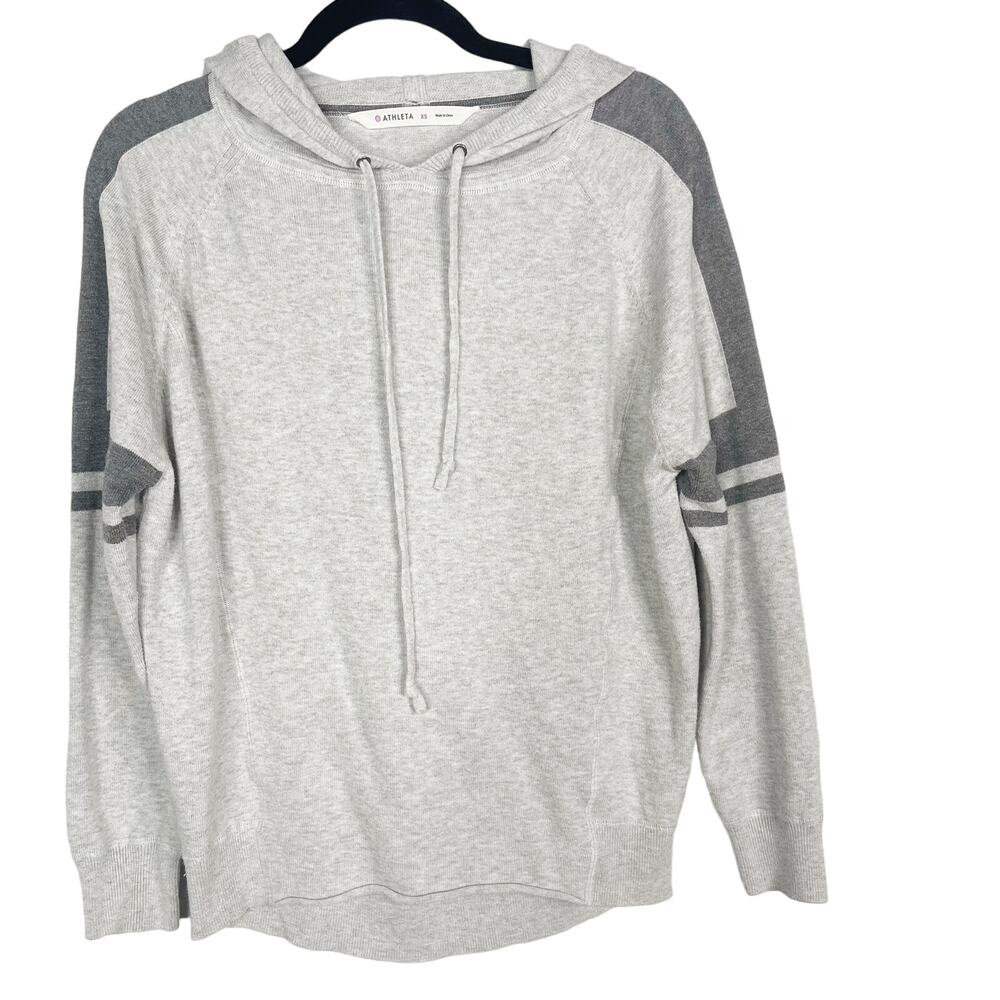 Athleta XSmall XS Gray Rally Sweater Hooded Striped Sleeve Cotton Blend Pullover